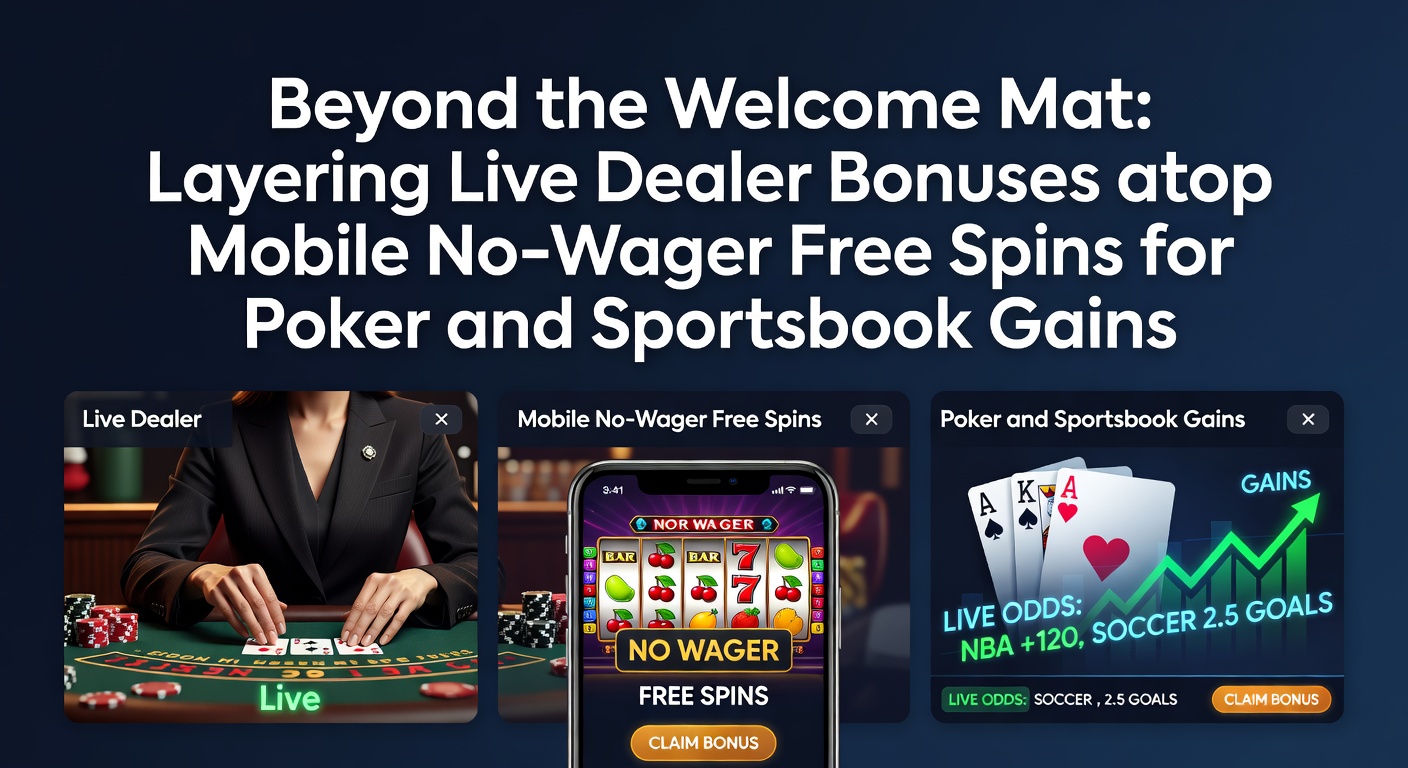 Mobile screen showing no-wager free spins activation alongside live dealer table previews for poker and sportsbook integration