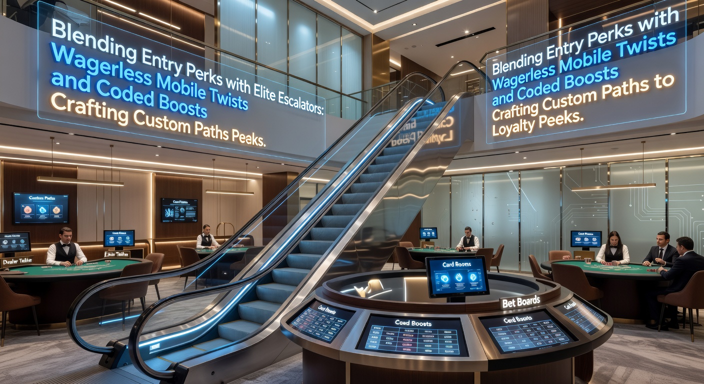Dynamic graphic showing entry-level perks merging into tiered loyalty ladders across live dealer setups, poker tables, and betting interfaces on mobile screens