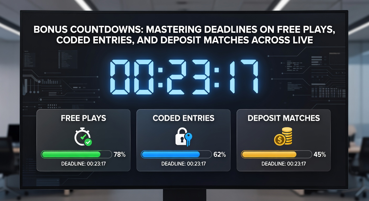 Screenshot of a gaming dashboard showing multiple bonus timers counting down for free plays on live dealer blackjack, poker tournament entry, and a soccer match deposit match, with urgent red alerts