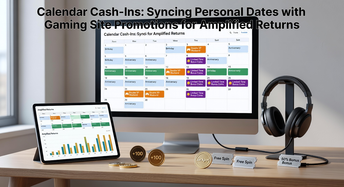 A digital calendar overlay showing personal milestones like birthdays and paydays aligned with colorful gaming promotion banners for bonuses and free spins