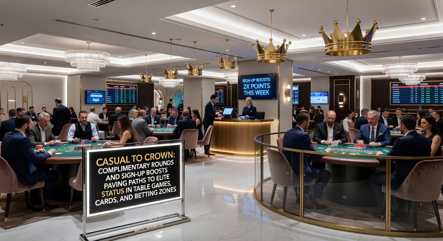 Players advancing from casual play to VIP lounges in vibrant casino environments featuring table games, card tables, and betting screens