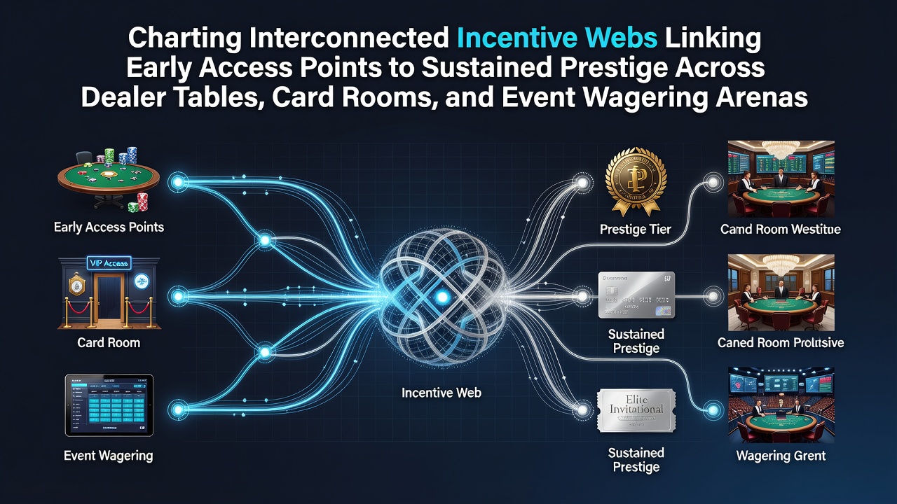 Diagram illustrating interconnected incentive systems across live dealer tables, poker rooms, and sports wagering platforms