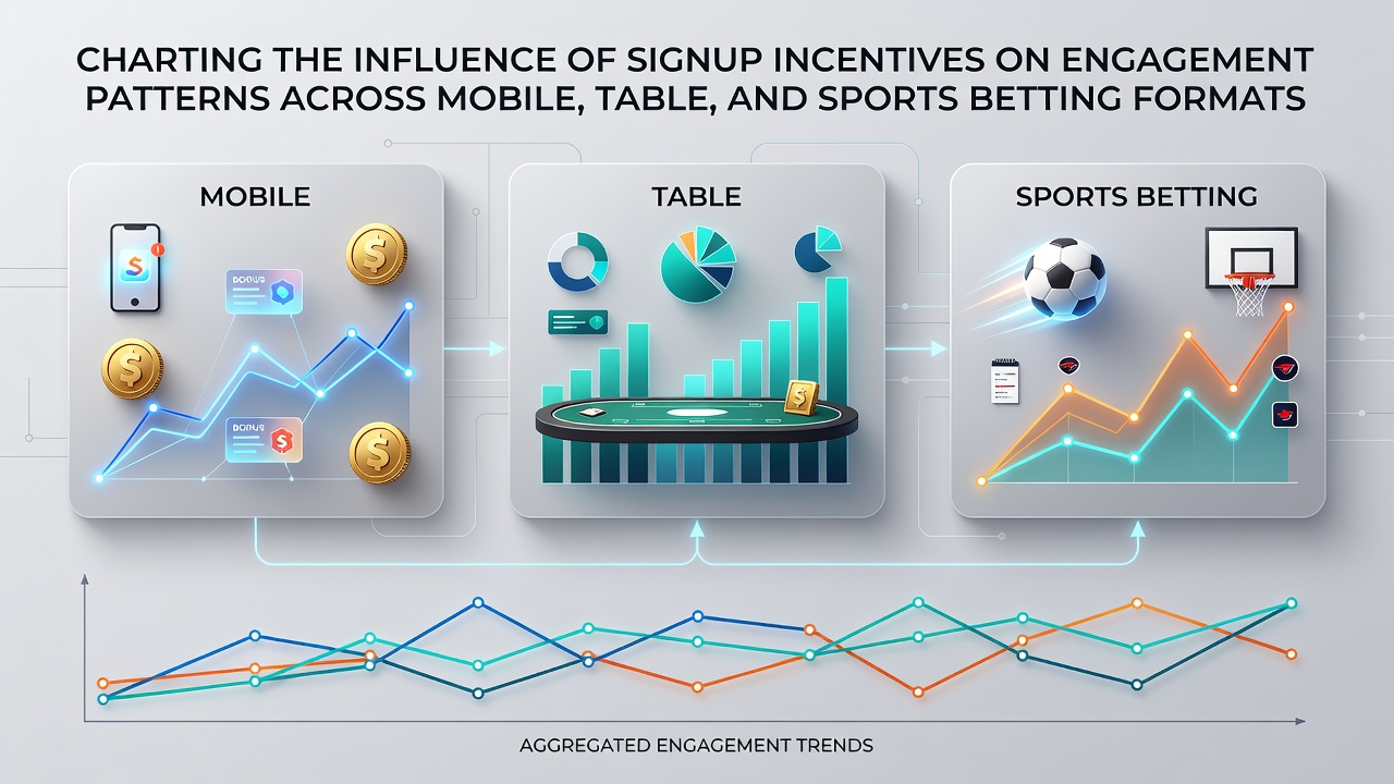 Infographic displaying engagement metrics for signup incentives across mobile apps, table games, and sports betting platforms in 2026