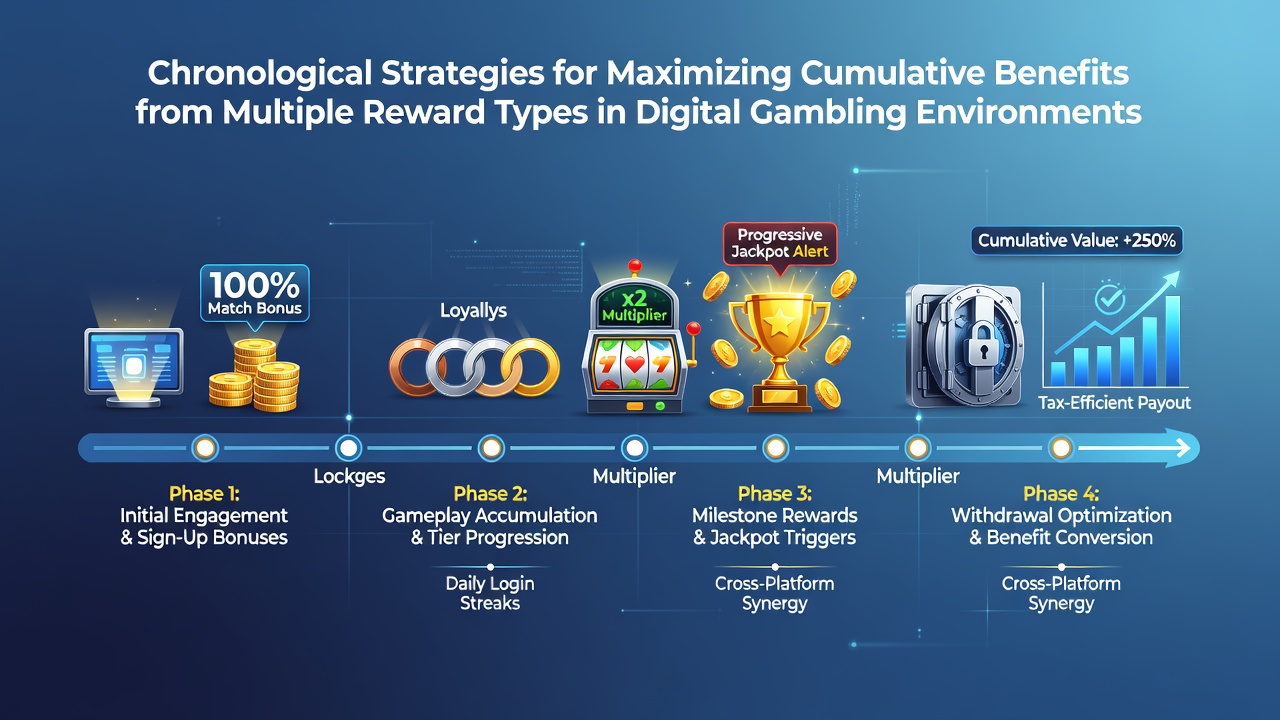 Timeline graphic showing progression through various digital gambling reward stages including no-deposit offers, free spins, and loyalty programs