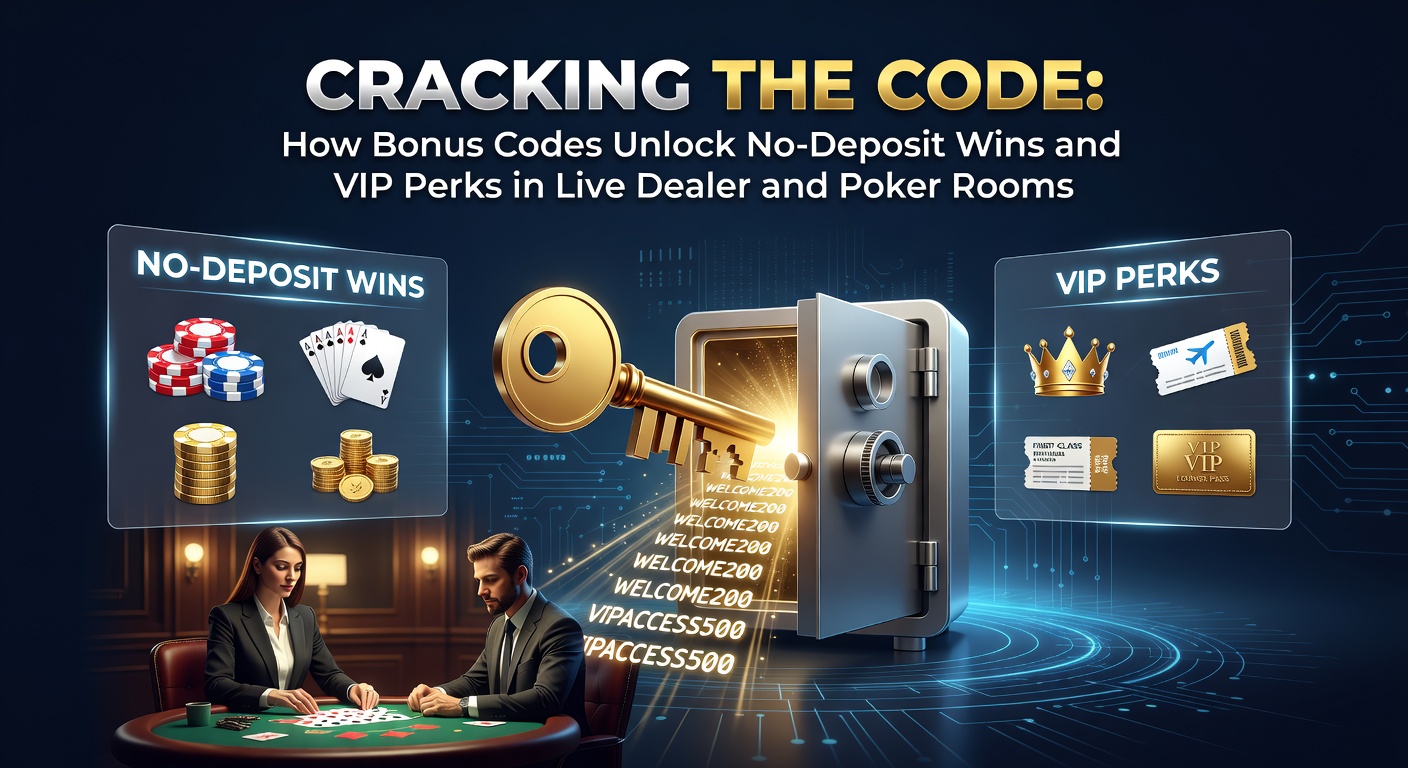 Close-up of a poker hand revealing a royal flush next to a live dealer spinning a roulette wheel, with bonus code overlays highlighting VIP access and no-deposit rewards