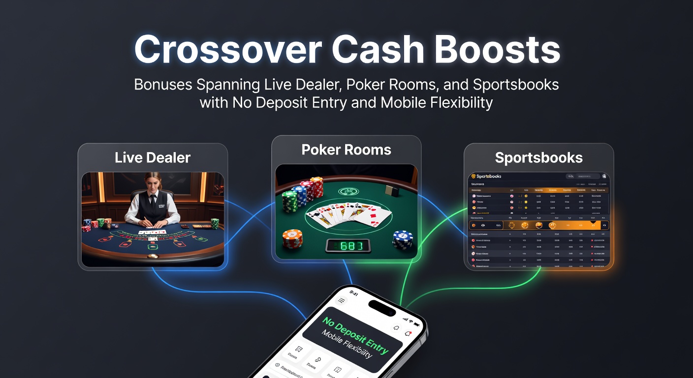 Smartphone displaying a mobile casino app with live dealer games, poker tables, and sportsbook odds active on screen, highlighting seamless bonus navigation across platforms