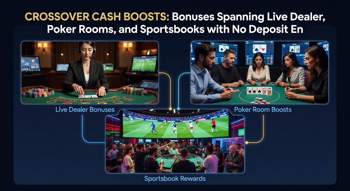 Split-screen view of a poker hand in progress alongside live dealer roulette wheel spin and sportsbook ticket confirmation on a mobile device, illustrating bonus cash flow across games