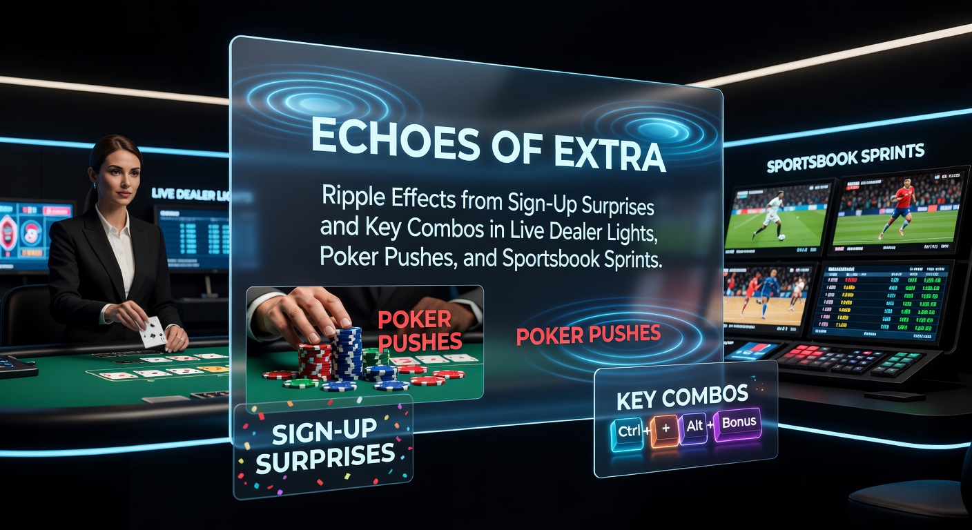 Vibrant display of cascading bonus notifications across live dealer tables, poker hands, and sportsbook odds screens, illustrating ripple effects from initial sign-ups