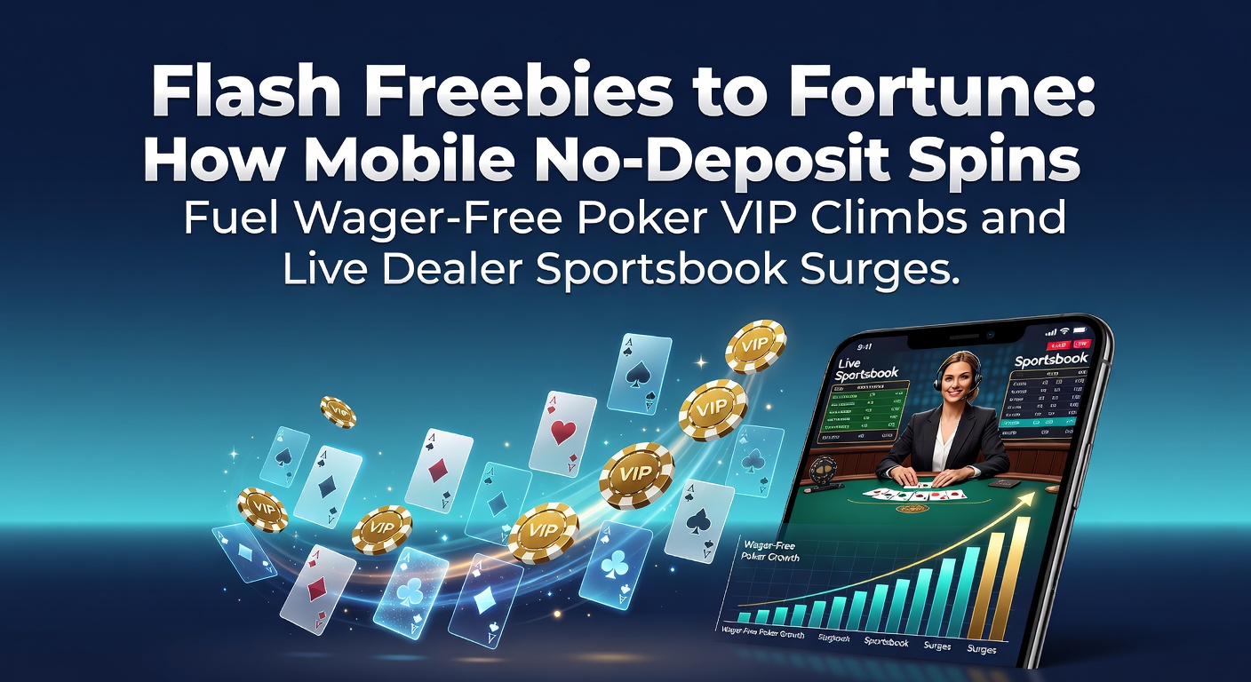 Smartphone screen displaying a flash no-deposit spins promotion on a mobile casino app, with vibrant slot reels spinning and VIP ladder icons in the background