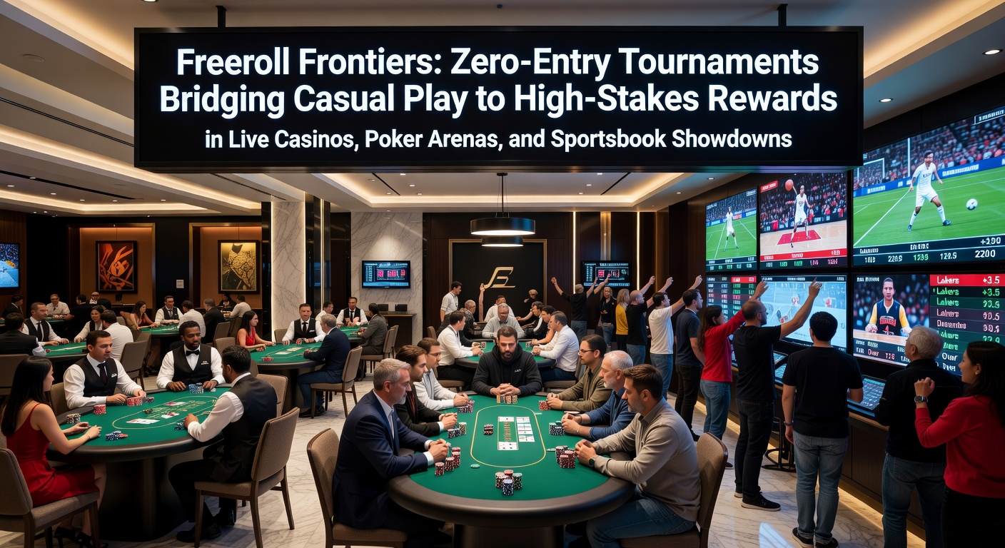 Players competing in a lively freeroll poker tournament at a bustling casino arena, chips flying and crowds cheering