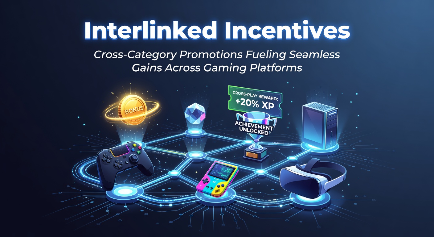 Visual representation of interconnected gaming icons including slots, poker tables, live dealers, and sportsbooks linked by flowing incentive arrows, symbolizing cross-category promotions