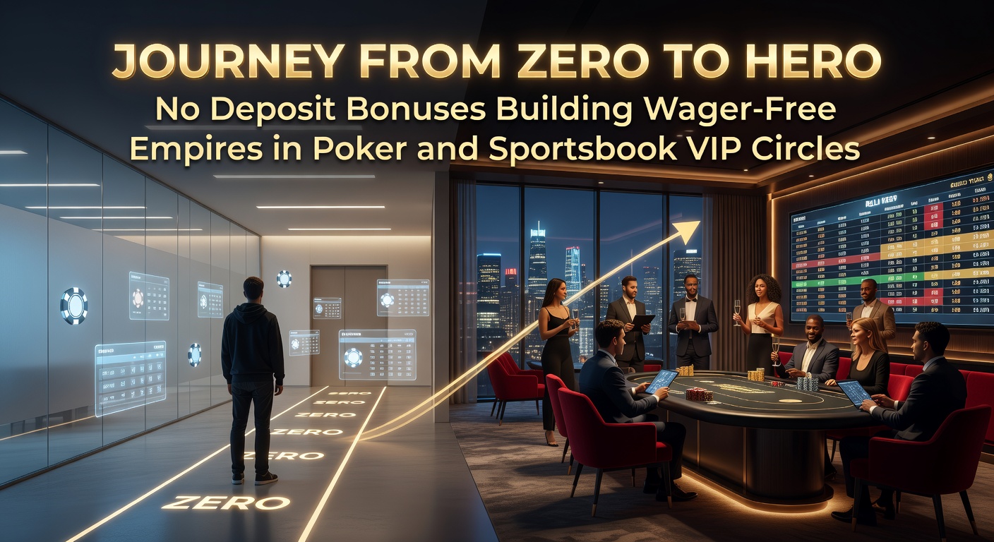 Player charting a path from initial no-deposit bonus screen to VIP poker table with rising chip stacks and sportsbook odds boards in the background