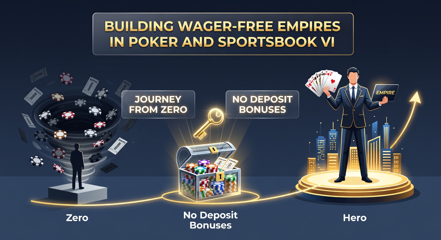 Montage of wager-free bonus claims evolving into VIP lounges, featuring poker chip pyramids, sportsbook ticket slips, and tiered loyalty ladders