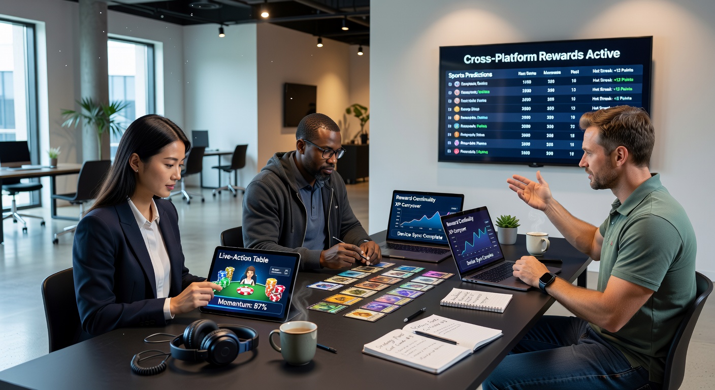 Cross-device synchronization showing live dealer tables, poker sessions, and sports predictions synced across mobile and desktop screens