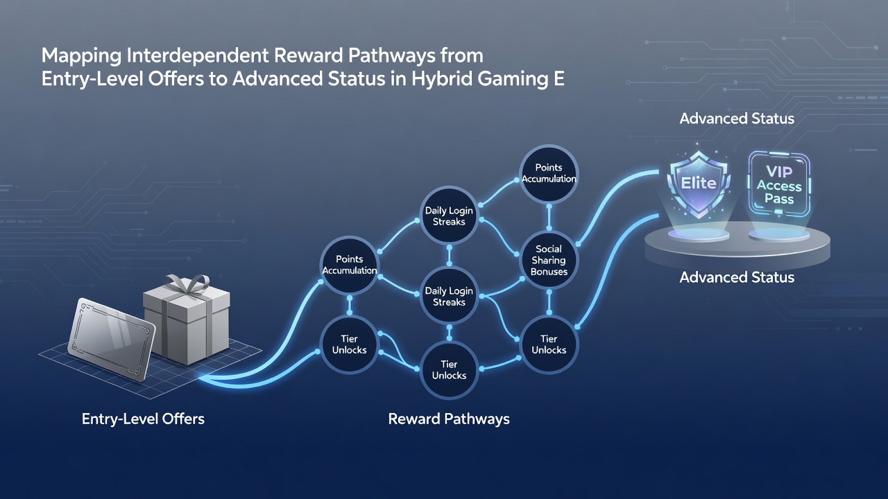 Flowchart showing progression from entry rewards to VIP status with cross-product point conversions in hybrid gaming platforms