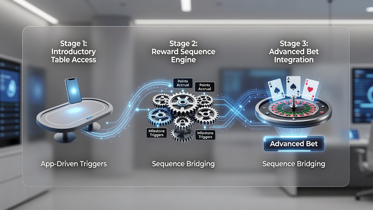 Diagram illustrating app reward sequence flow from introductory tables to advanced betting tiers