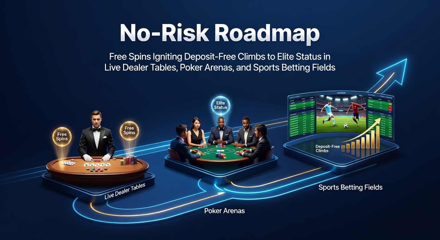 Visual roadmap showing free spins transforming into VIP keys across casino tables, poker chips, and sports betting slips