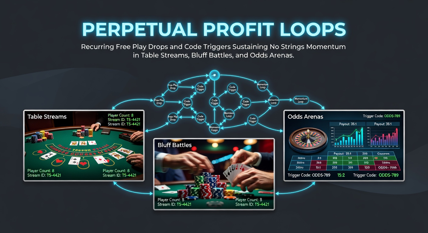 Dynamic graphic showing looping arrows of free play credits flowing through live tables, poker hands, and sports betting interfaces