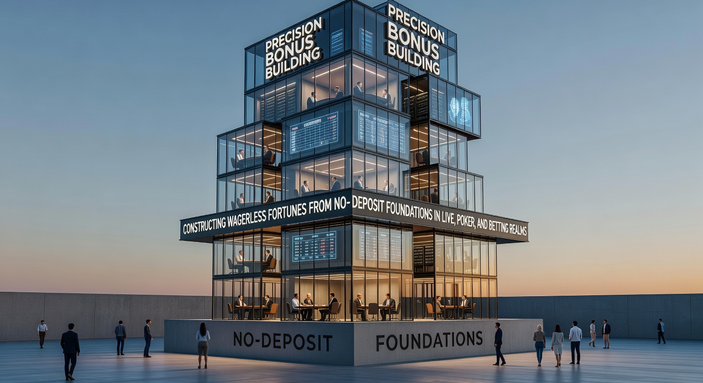 Digital blueprint showing stacked no-deposit bonuses transforming into towering wager-free winnings across live tables, poker chips, and betting odds boards