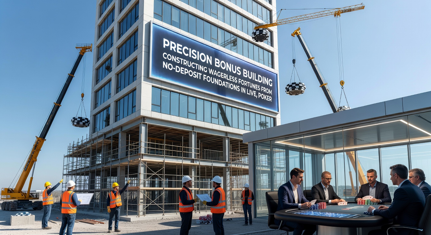 Close-up of precision tools like calculators and charts overlaying poker hands, live roulette wheels, and sports betting slips building wager-free pyramids from tiny no-deposit seeds