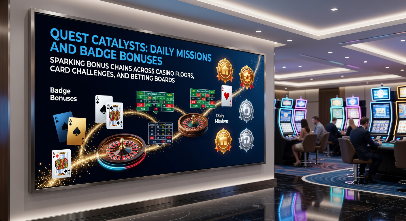 Vibrant digital graphic showing interconnected quest badges, mission icons, and cascading bonus chains lighting up casino slots, poker tables, and sportsbook interfaces