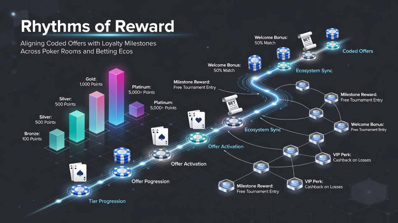 Diagram showing coded offers progressing through loyalty milestones in combined poker and betting environments