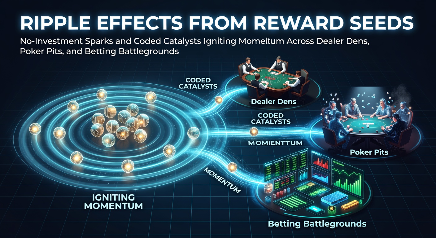 Illustration of cascading reward effects starting from small no-investment sparks spreading across casino tables, poker games, and sports betting interfaces