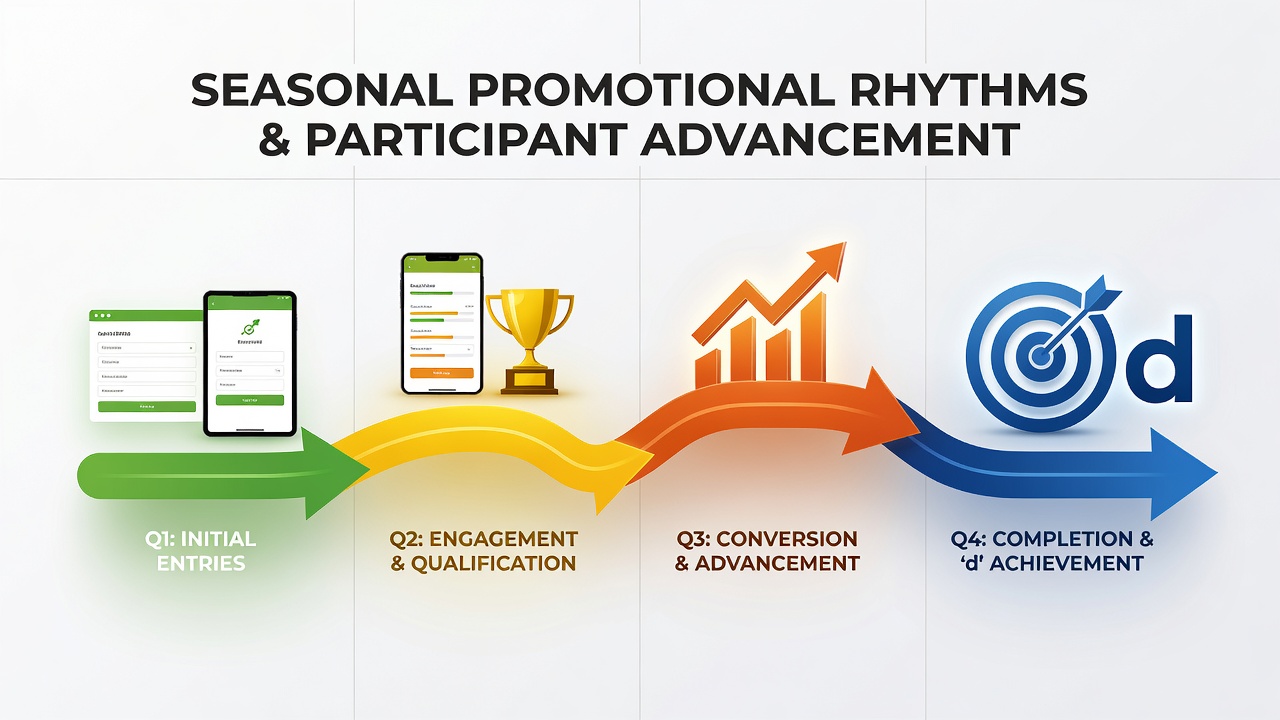 Player journey visualization showing seasonal bonus stacking leading to loyalty tier advancement in casino, poker, and sports betting environments