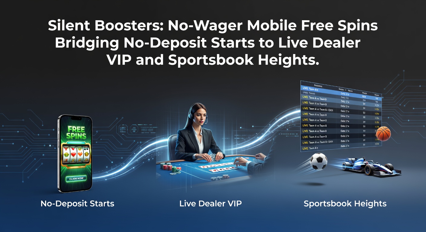 Mobile phone screen displaying no-wager free spins on a vibrant slot game, transitioning to live dealer table icons and sportsbook odds