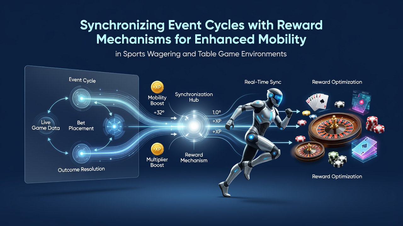 Diagram showing event cycle synchronization with reward triggers across mobile sports wagering interfaces and table game platforms