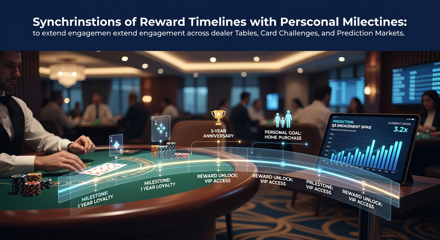 Illustration showing a calendar aligned with casino reward icons across dealer tables, poker cards, and sports prediction interfaces