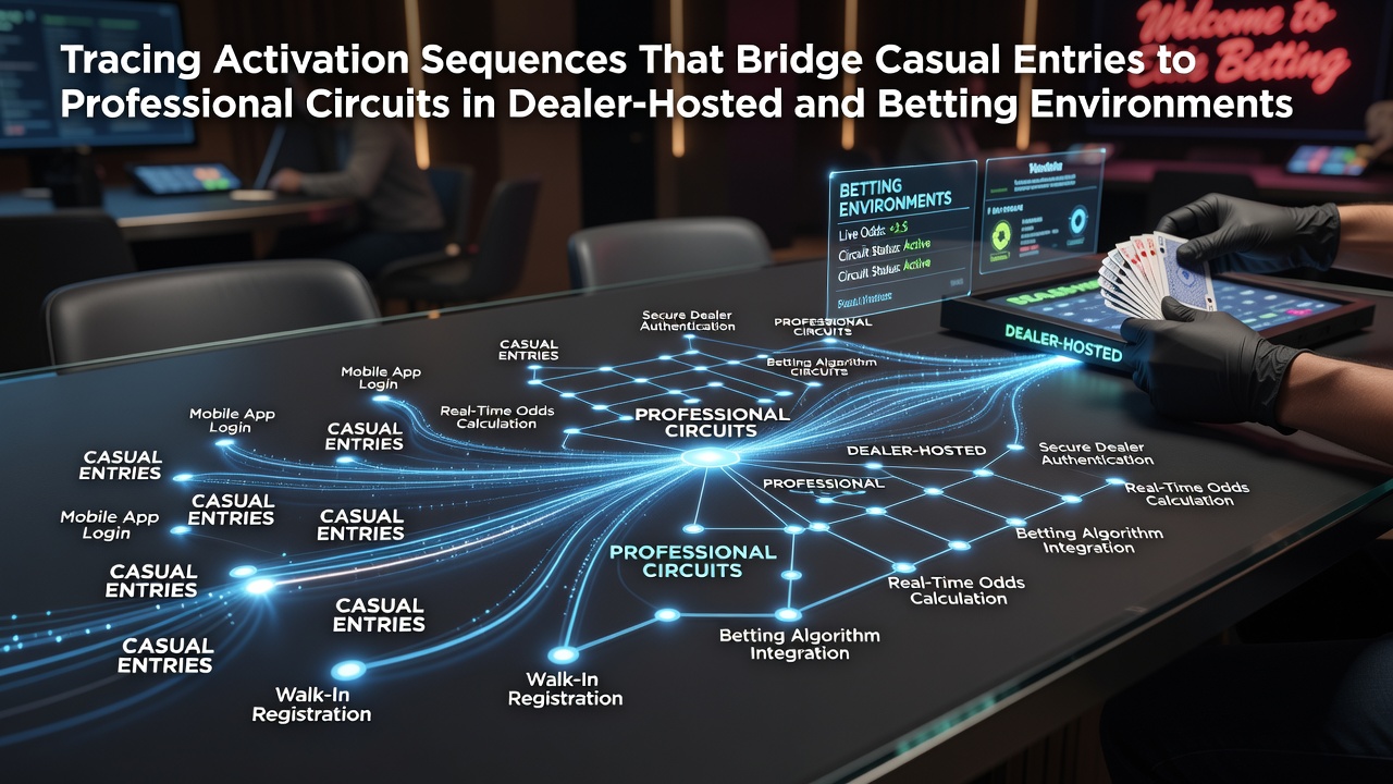 Diagram showing player progression pathways from casual entries through activation sequences to professional circuits in live dealer and betting settings