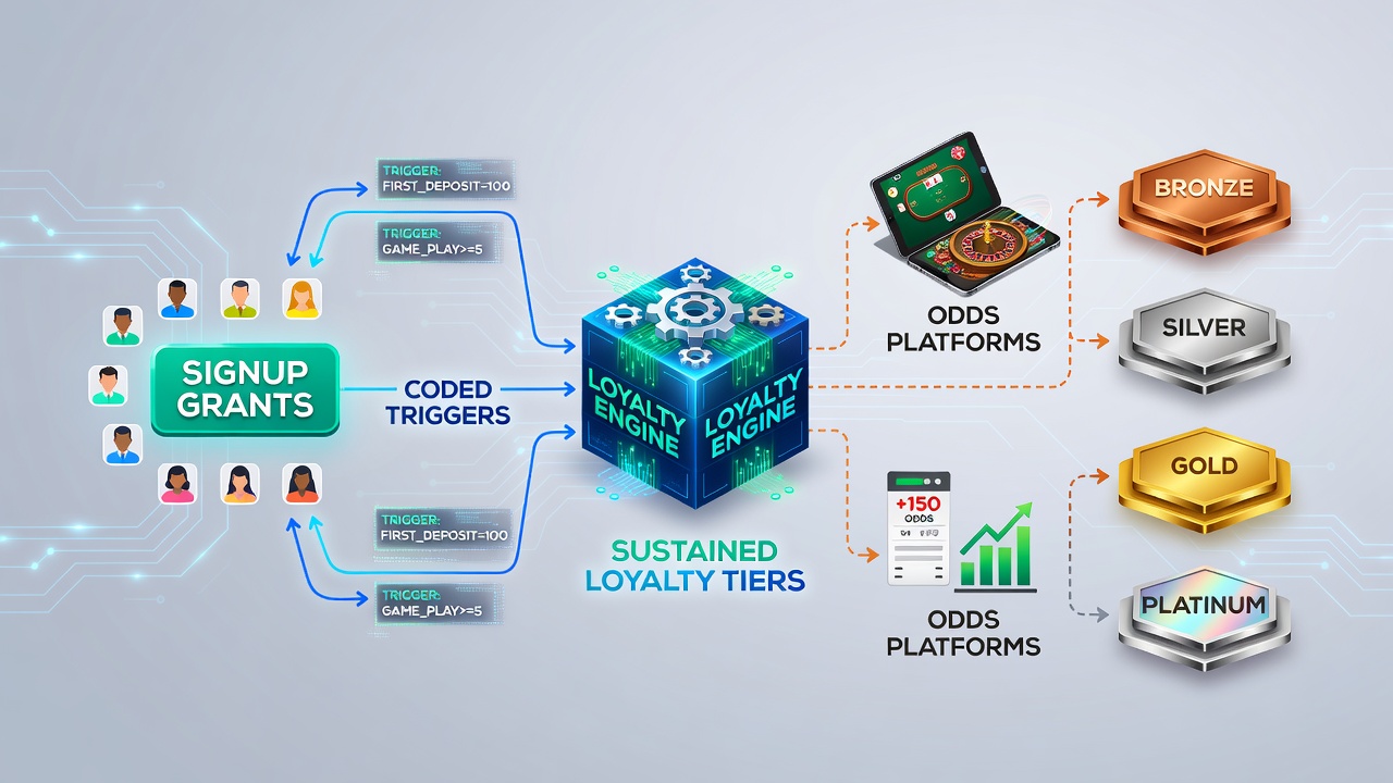 Flow diagram showing progression from signup grants to loyalty tiers in mobile gaming platforms