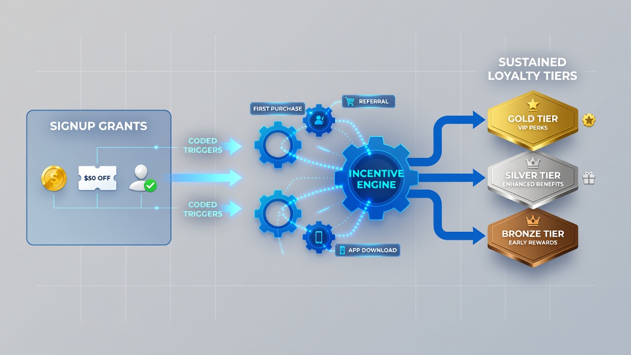 Illustration of coded triggers linking signup rewards to loyalty tiers in odds platforms and table games