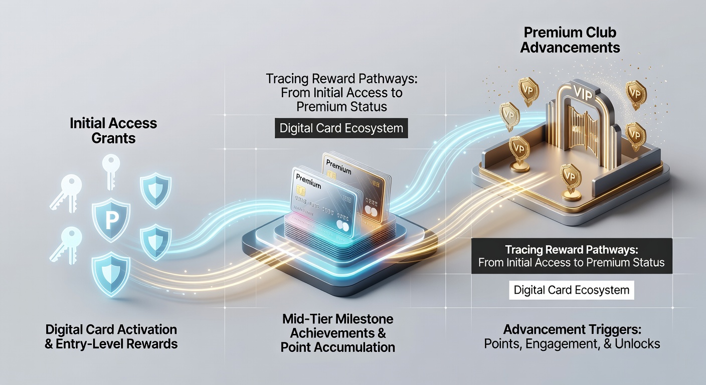 Illustration of loyalty tier progression showing players advancing from entry-level rewards to premium club status in digital casinos and sportsbooks