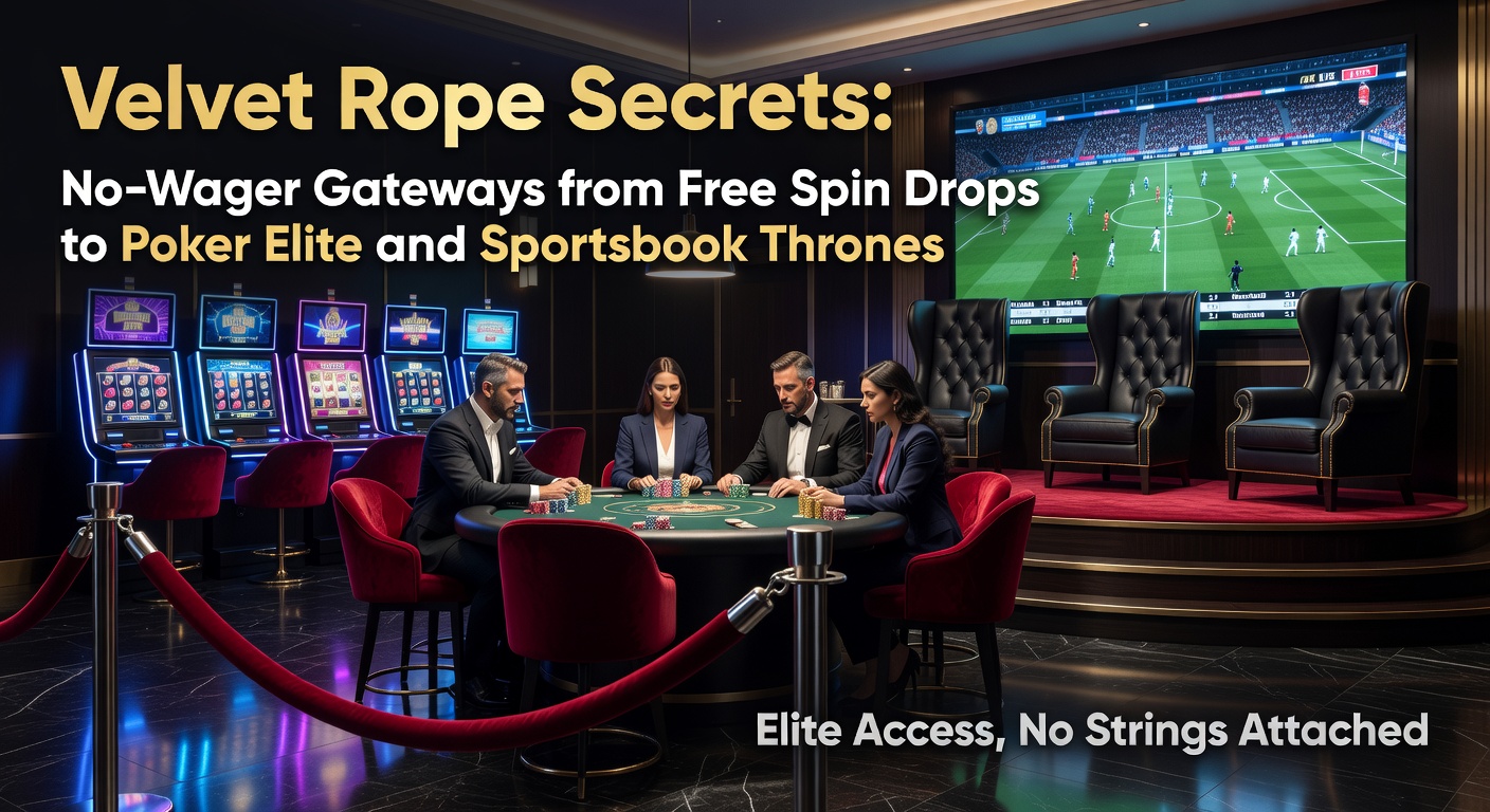 Illustration of a velvet rope separating casual players from elite poker tables and sportsbook lounges, with glowing free spin icons floating upward as gateways
